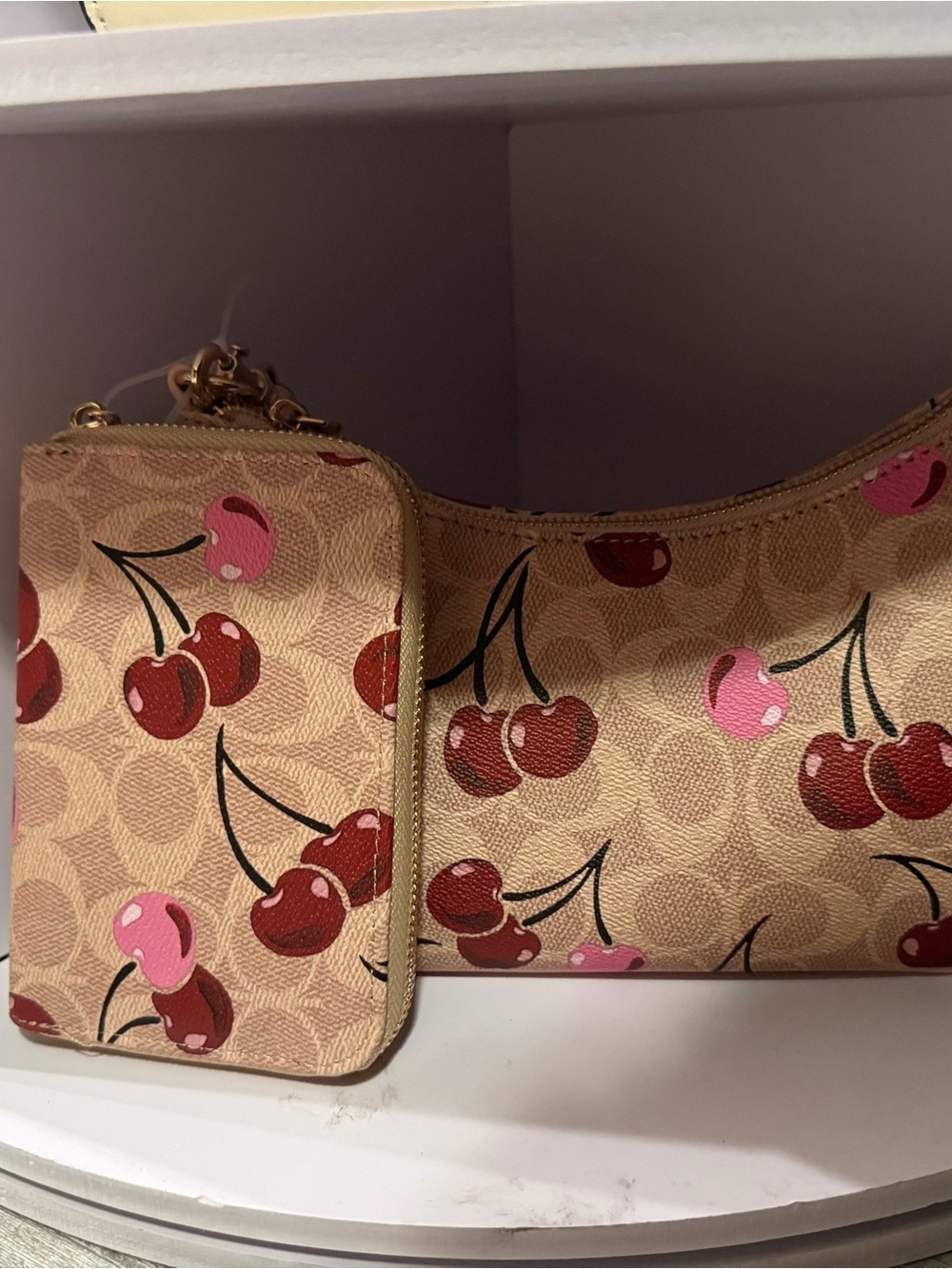Cherry-Print Beige Wristlet and Pouch Set